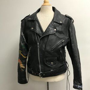 First VINTAGE RARE black leather hand painted motorcycle jacket 46 htf m l